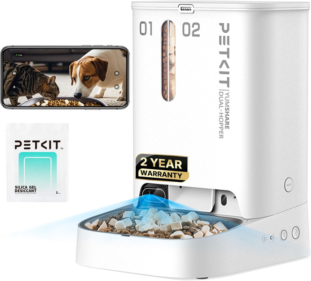 White automatic pet feeder with built-in camera and dual food hopper