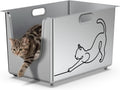 Stainless steel high-sided cat litter box with line-art design and wheels