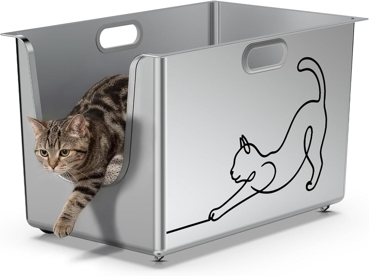 Stainless steel high-sided cat litter box with line-art design and wheels