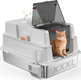 XXXL Metal Cat Litter Box with Scoop, Giant Enclosed, for Big Cats and Multiple Cats, Silver