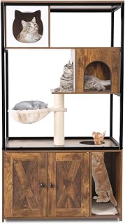 Cat Litter Box Enclosure, Wooden Washroom Furniture with Multiple Platforms, Sisal Scratching Post and Plush Hammock