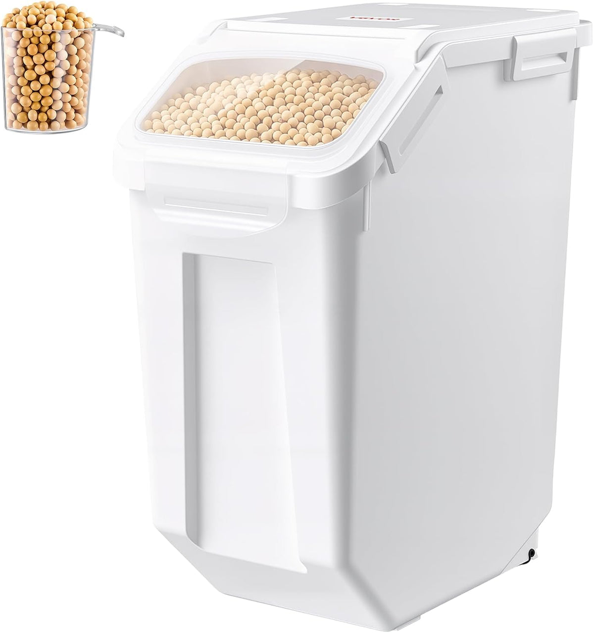 Three white airtight pet food storage bins with wheels and scoops – view 4