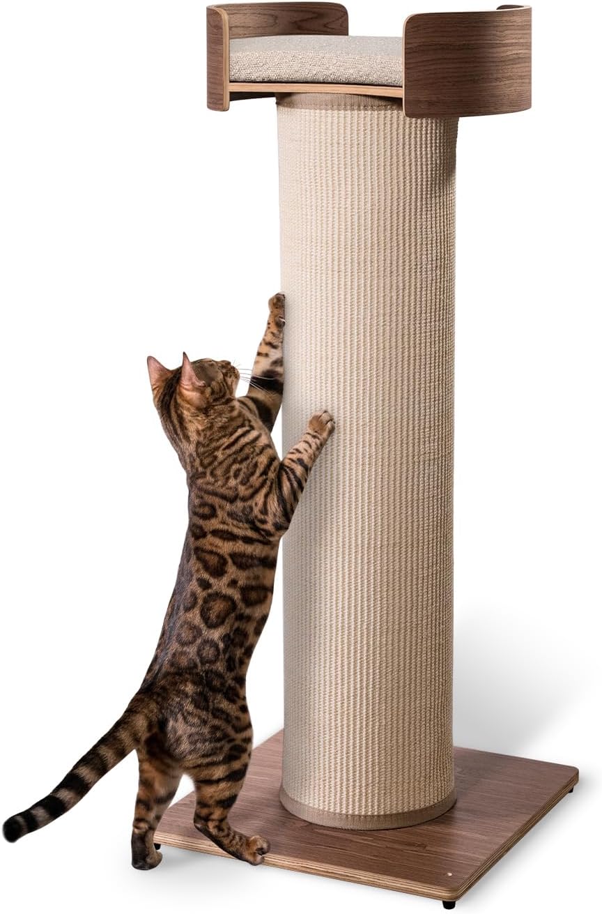 44.5 inch wooden cat scratching tower with beige sisal and top perch bed