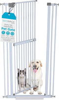 White 60 inch extra tall pet gate with auto close door in an interior doorway