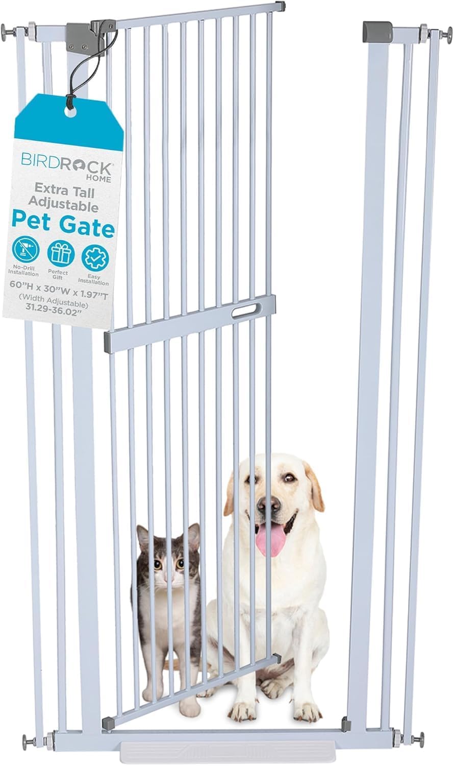 White 60 inch extra tall pet gate with auto close door in an interior doorway