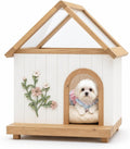 Cedar wood indoor pet house with clear A-frame roof and carved flower front panel