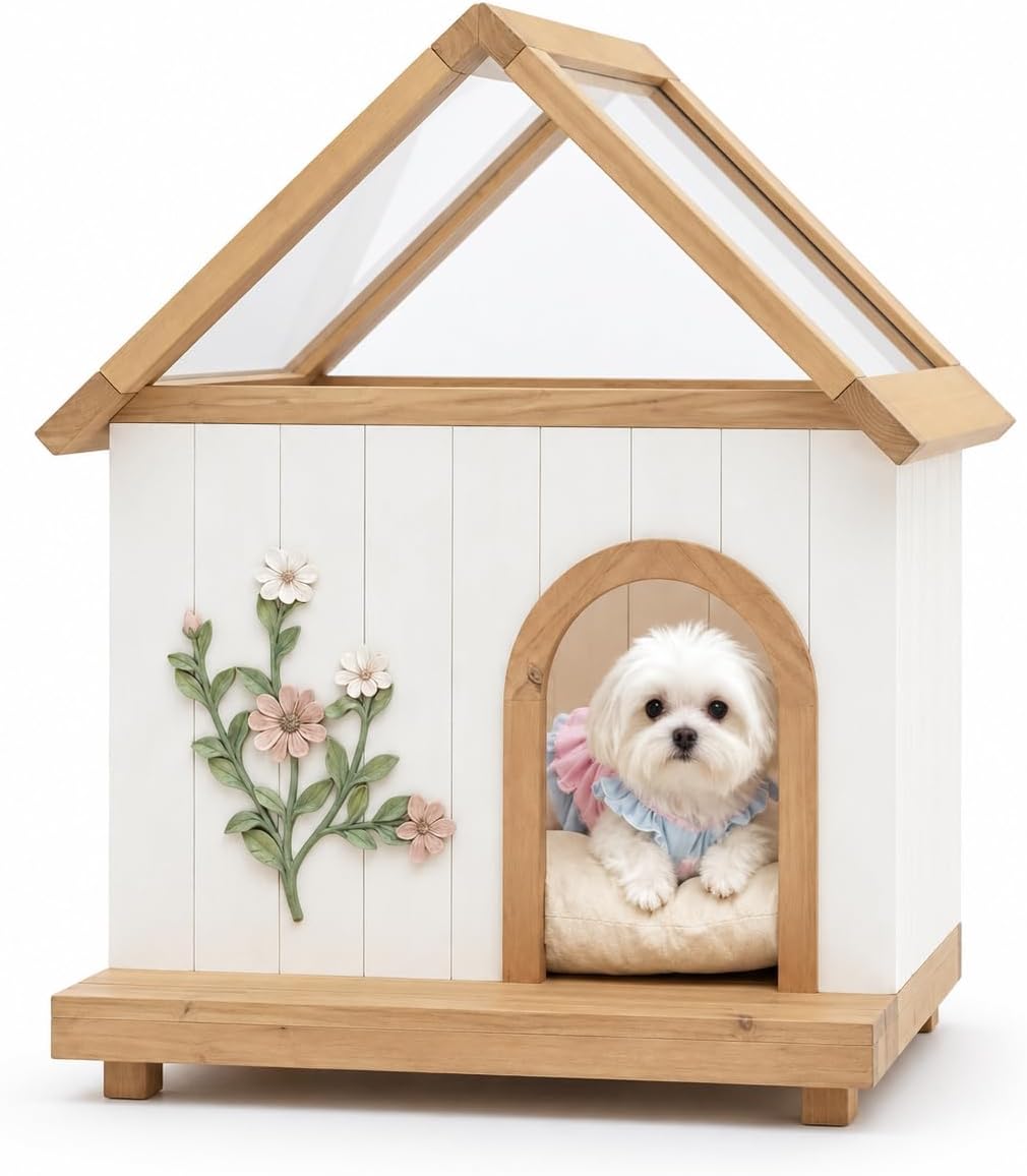 Cedar wood indoor pet house with clear A-frame roof and carved flower front panel