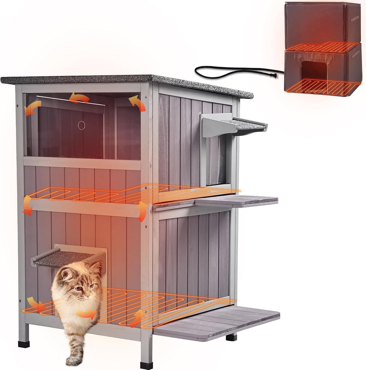 Two-story wooden outdoor feral cat house with asphalt roof – view 2