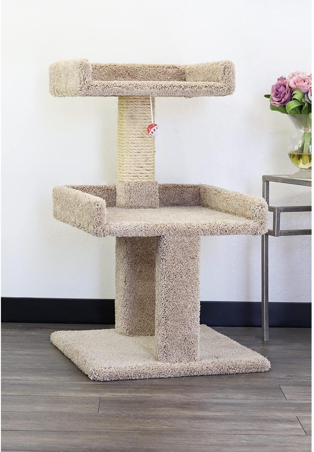 Light gray carpeted wood cat tree perch for large cats – view 2