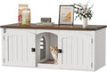 White and walnut farmhouse cat litter box enclosure with magnetic doors