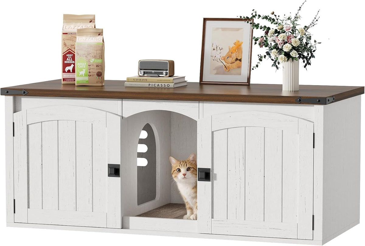 White and walnut farmhouse cat litter box enclosure with magnetic doors