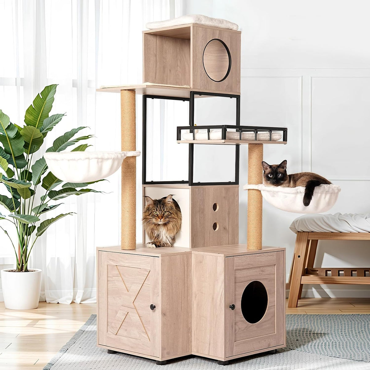 Rustic gray cat tree with litter box enclosure base and scratching posts