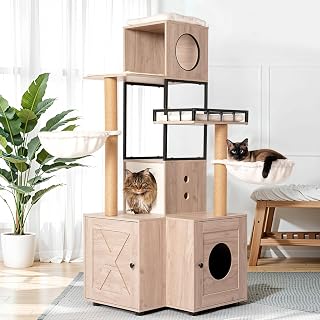 Cat Tree with Litter Box Enclosure, 63 Inch Multi-Functional Design with Removable Washable Cushion, Scratching Posts and