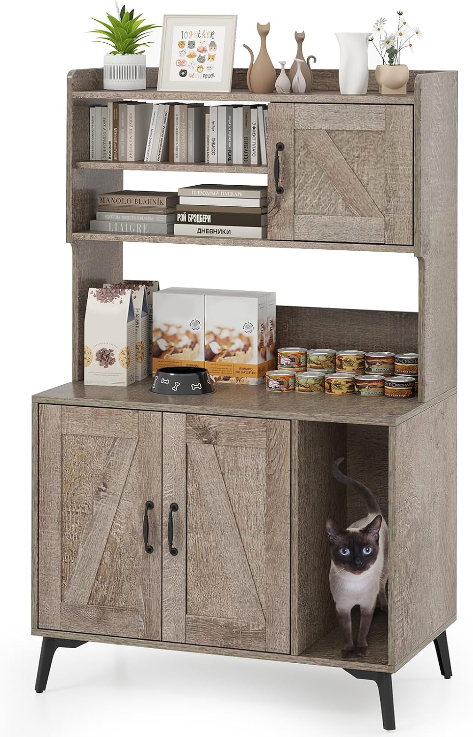52 inch oak wooden cat litter box enclosure with storage shelves