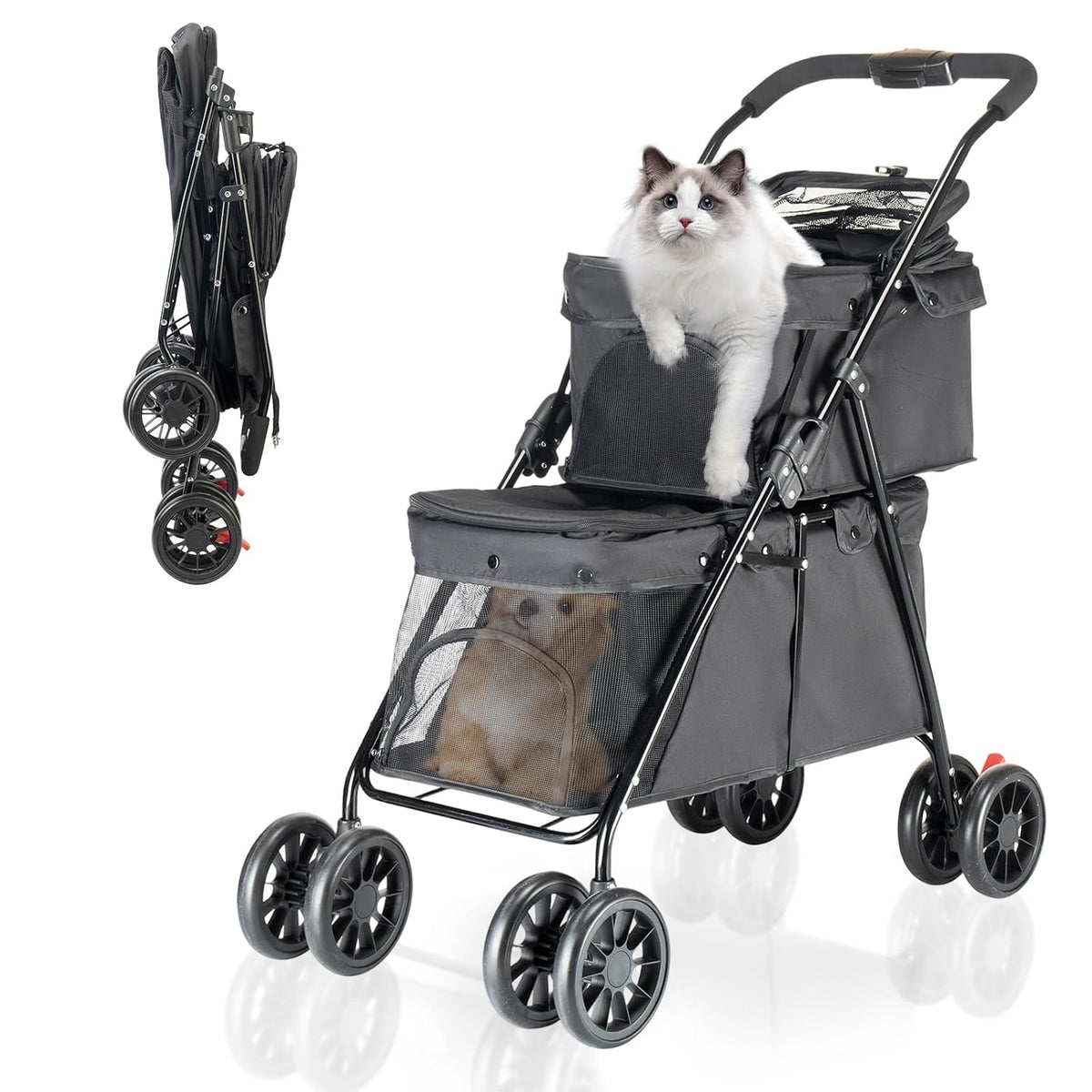 Gray two-carriage pet stroller with mesh windows – view 2