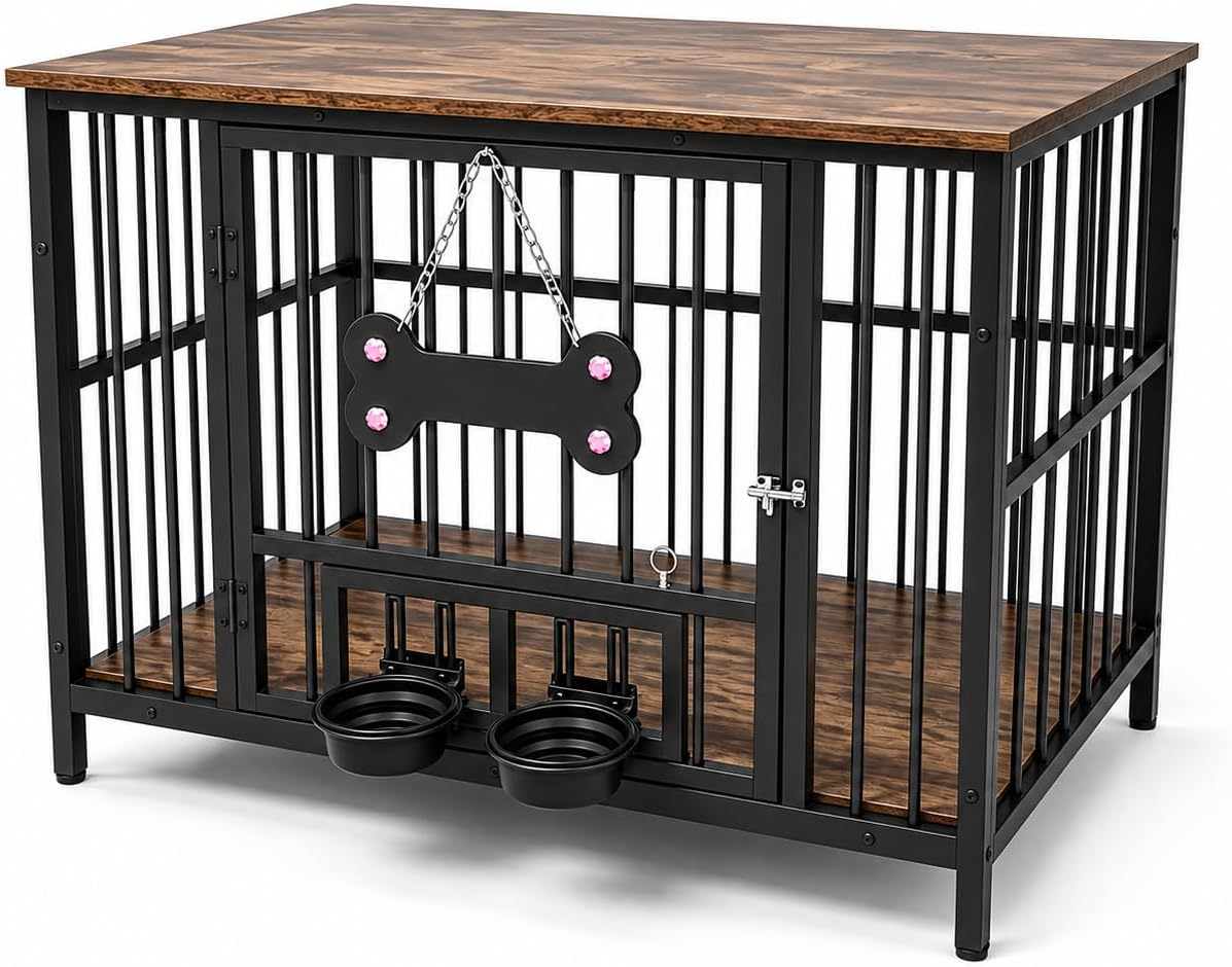 41 inch wooden dog crate furniture with a rotating feeding station on the side