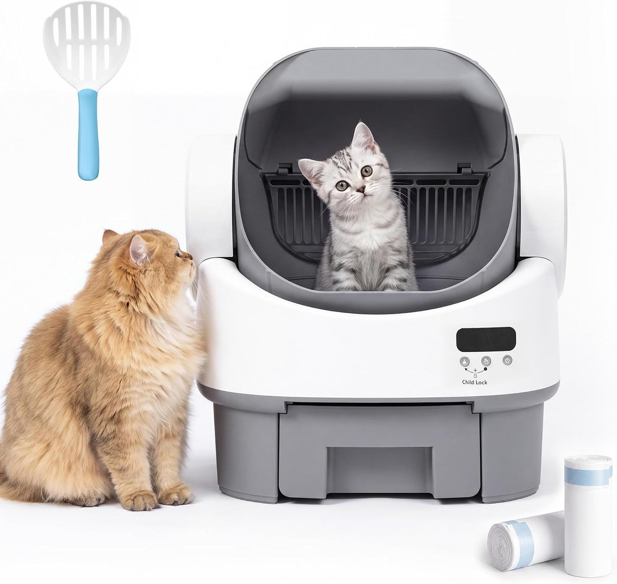 Grey open-top self-cleaning cat litter box with waste drawer