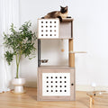 Gray modern cat tower with litter box enclosure and hammock