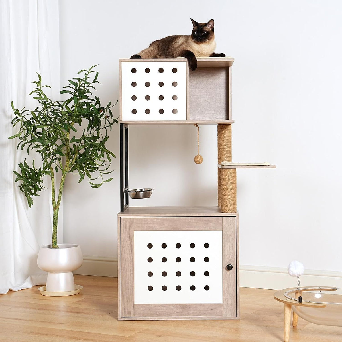 Gray modern cat tower with litter box enclosure and hammock
