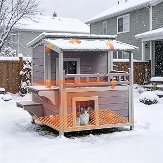 2-Story Heated Outdoor Cat House, Weatherproof Wooden Shelter with Insulated Liner