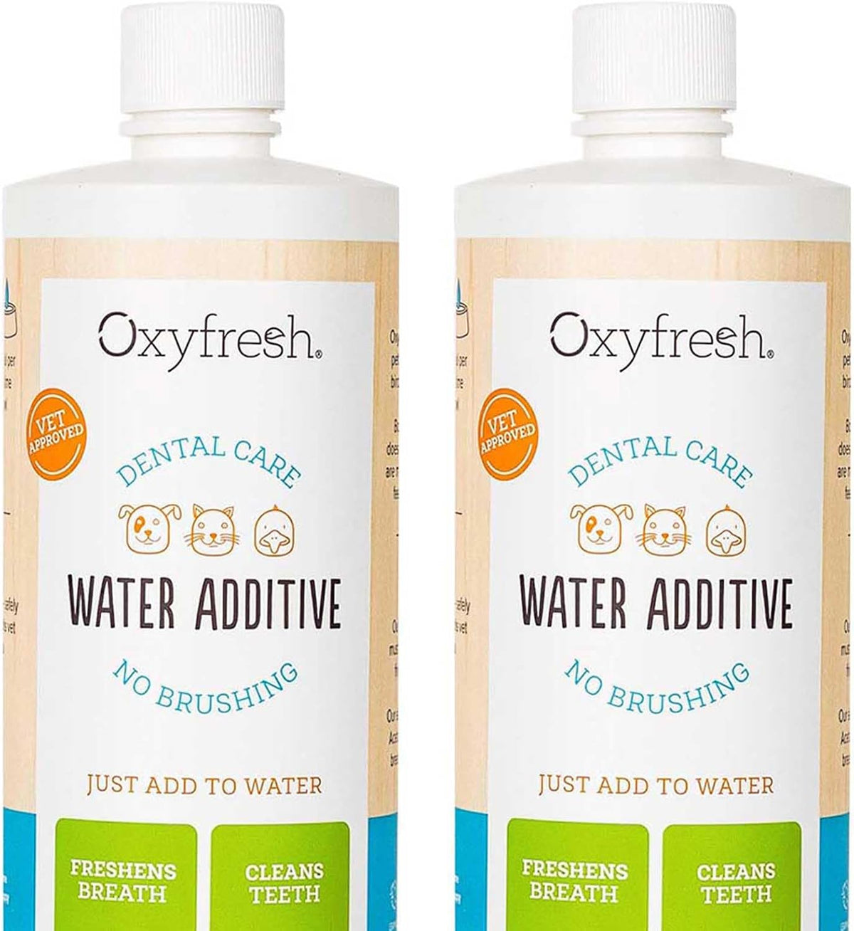 Bottle of pet dental water additive next to a dog water bowl – view 2
