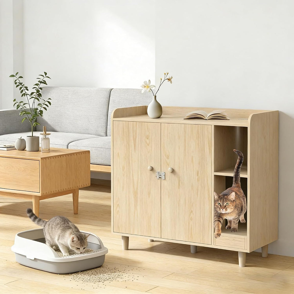 White wooden sideboard cabinet hiding an automatic litter box – view 2