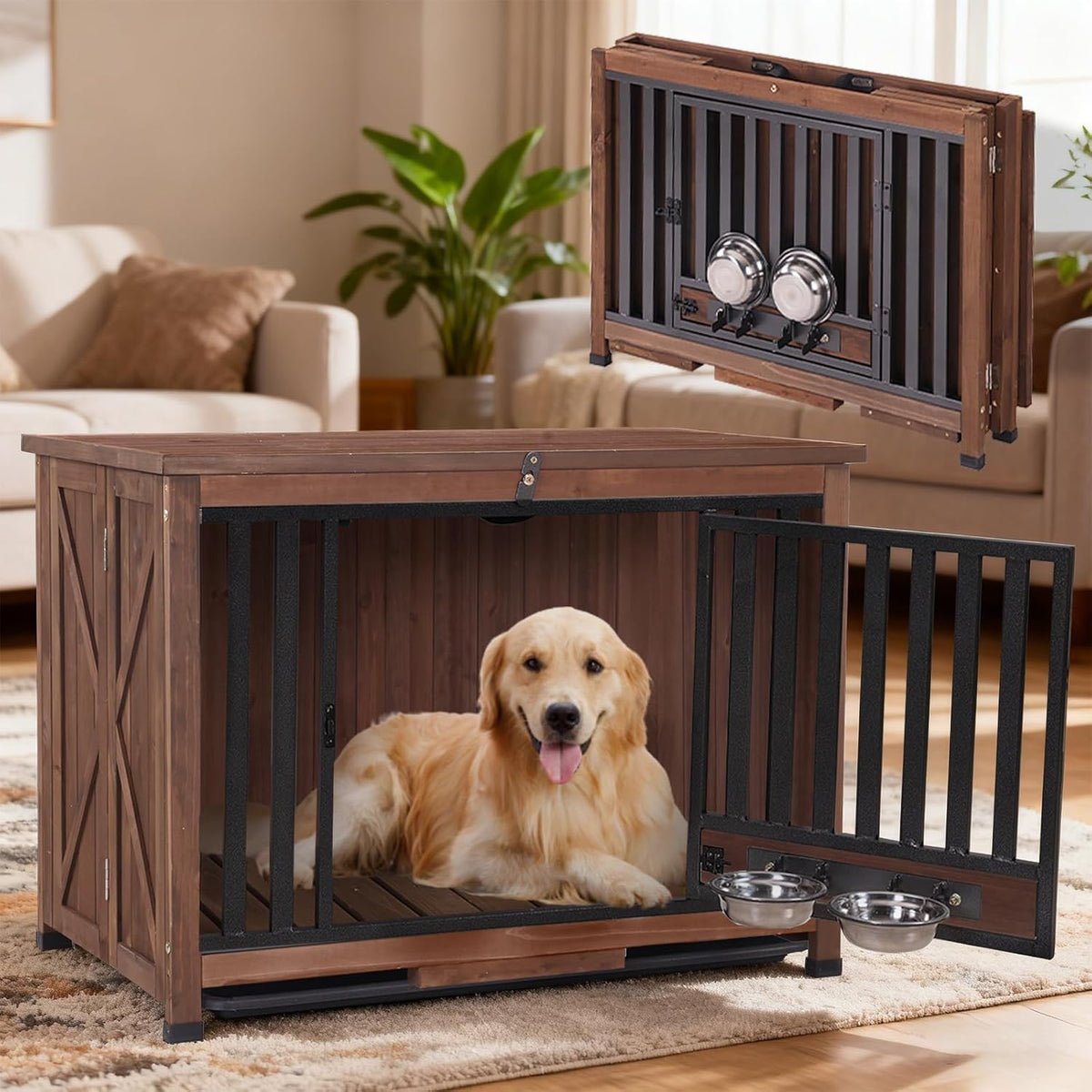 Folding wooden dog crate furniture with rotating bowls and metal frame