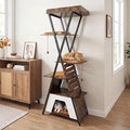 PETSITE 73 Inch Modern Cat Tree, Multi-Level Wooden Tower with Scratching Pad, Condo and 3 Dangling Balls, Rustic Brown