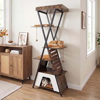 PETSITE 73 Inch Modern Cat Tree, Multi-Level Wooden Tower with Scratching Pad, Condo and 3 Dangling Balls, Rustic Brown