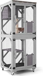 Catio Outdoor Cat Enclosure with Window, Waterproof Roof, Scratching Posts, Basket and Brake Wheels, 62.8 Inch