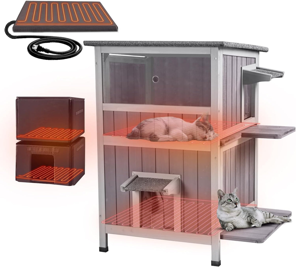 Two-story heated weatherproof outdoor cat house with insulated liner