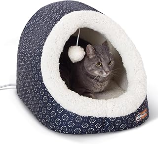 Heated Cat Bed with Removable Heater, Navy Geo Flower Pattern, 17x15x13 Inches