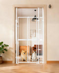 White extra tall clear cat gate with auto-close door in a hallway