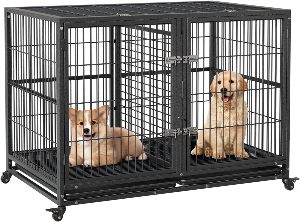 Heavy duty black iron dog crate with top door, front door and wheels