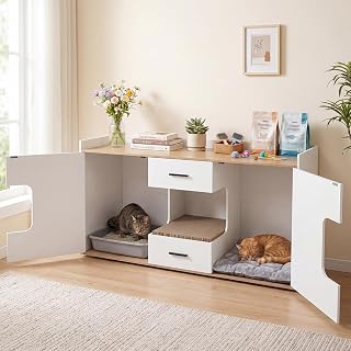PETSITE Double Litter Box Enclosure with Scratching Pad, 2 Drawers and Large Countertop, Wooden