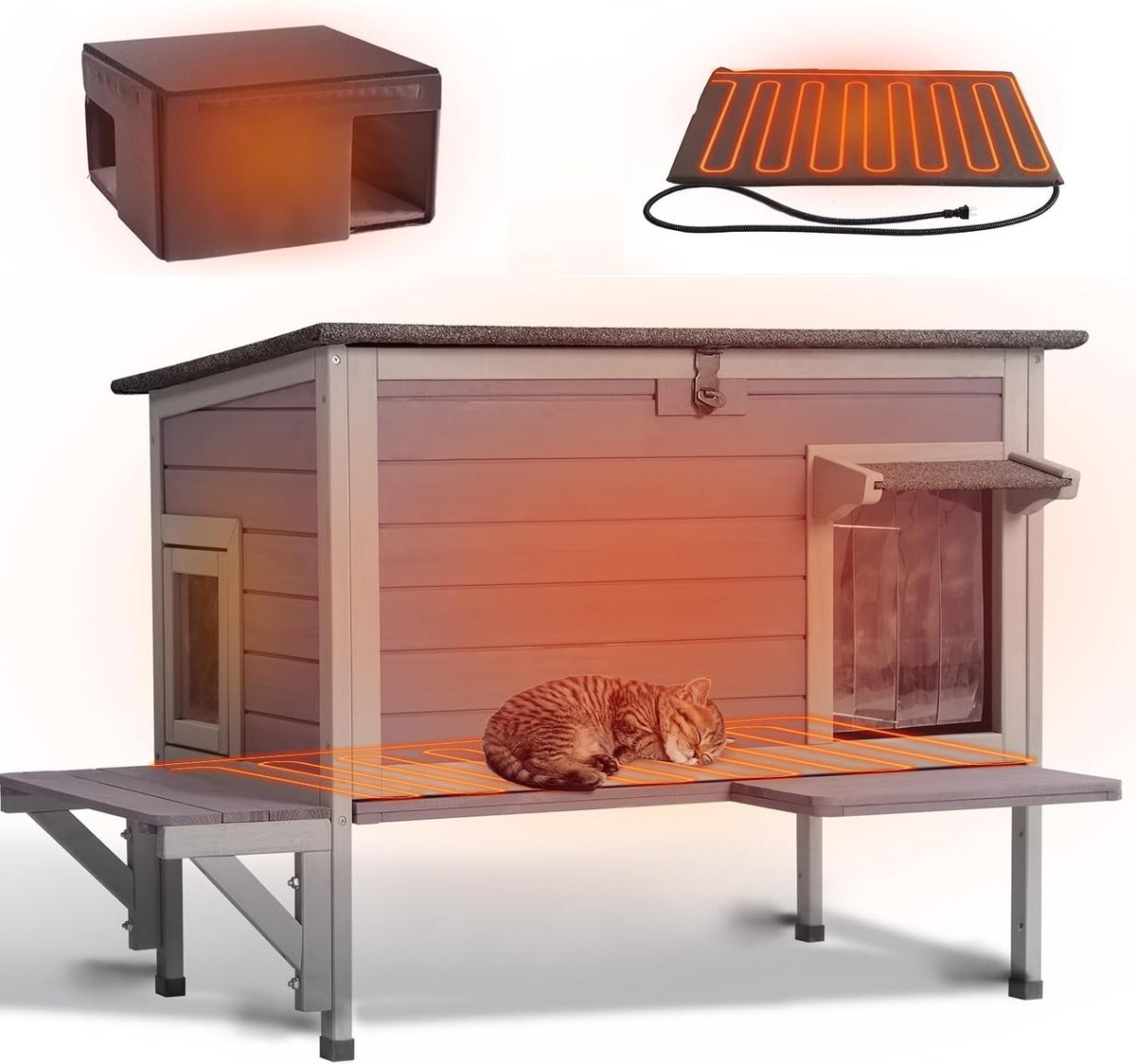 Insulated heated outdoor cat house with thermal liner for feral cats