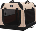 Beige collapsible soft-sided dog crate with mesh top, front and side doors