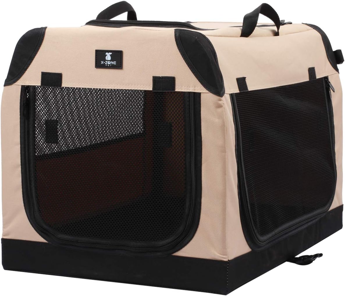 Beige collapsible soft-sided dog crate with mesh top, front and side doors