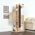 Modern 67" Solid Wood Cat Tower with Scratching Posts, 6 Levels, Brown