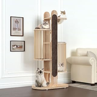 Modern 67" Solid Wood Cat Tower with Scratching Posts, 6 Levels, Brown