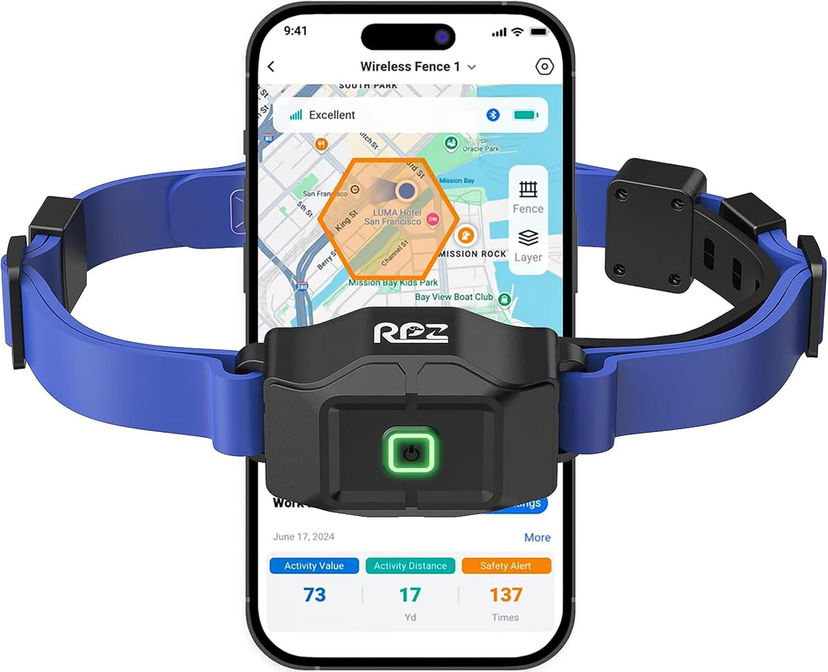 Blue GPS dog fence collar with app showing a custom boundary