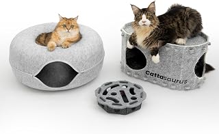 Cattasaurus 3-in-1 Cat Furniture Bundle: Peekaboo Cat Bed Cave, Bunk Bed and Play Box, Light Gray