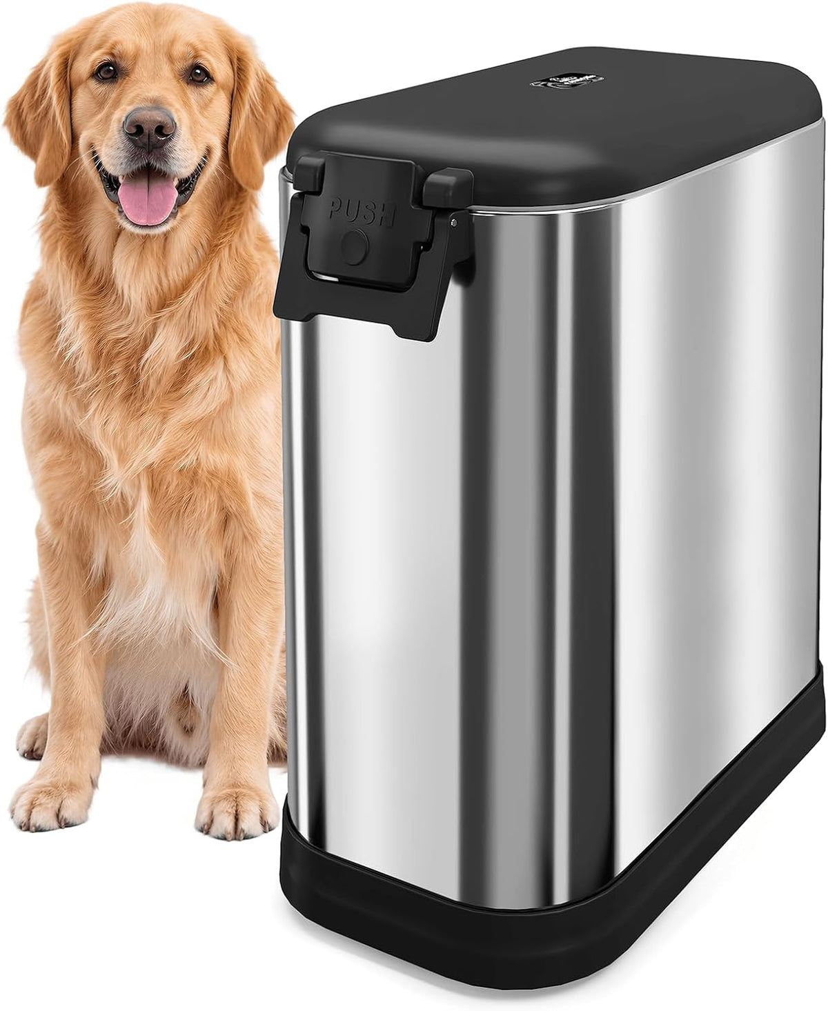 Stainless steel airtight dog food storage container with wheels and scoop