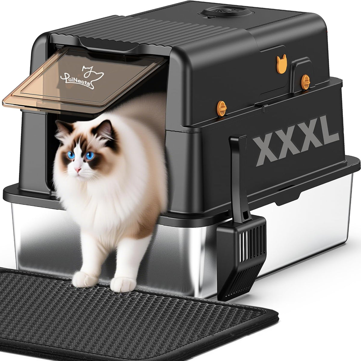 Black XXXL enclosed stainless steel cat litter box with lid, scoop and mat