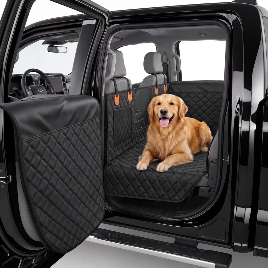 Black and orange hard bottom pet seat liner installed in a car back seat – view 2