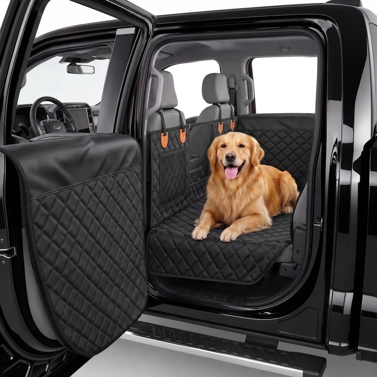 Black and orange hard bottom pet seat liner installed in a car back seat – view 2