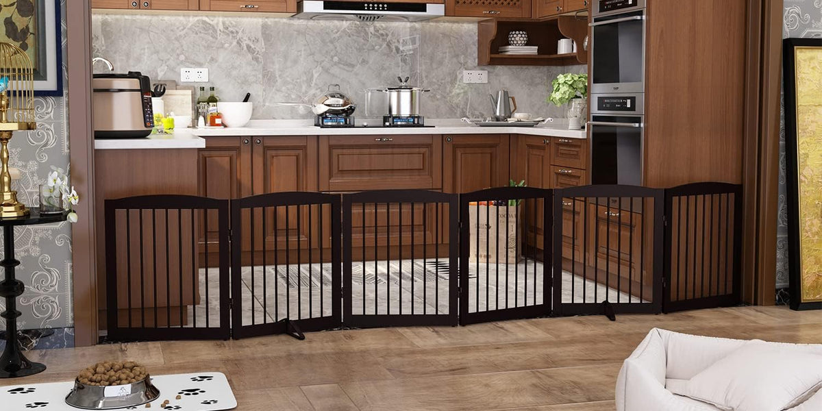 Brown wooden six-panel foldable freestanding dog gate