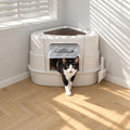 Beige furniture-style enclosed corner cat litter box with lid
