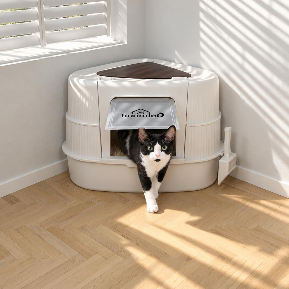Beige furniture-style enclosed corner cat litter box with lid