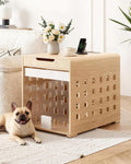 Oak wooden dog crate end table with charging station and acrylic door
